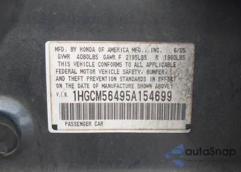 2005 Honda Accord 2.4 Lx from USA, damaged, VIN 1HGCM56495A154699